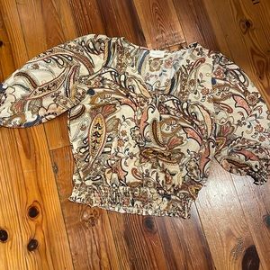 MELLODAY paisley wrap top medium bohemian print smocked 3/4 sleeve festival